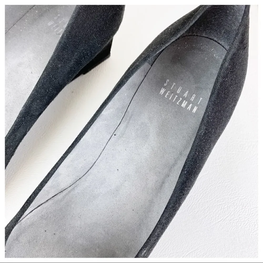 Stuart‎ Weitzman Caring Black Suede Low Wedge Silver Ring Accent 8.5